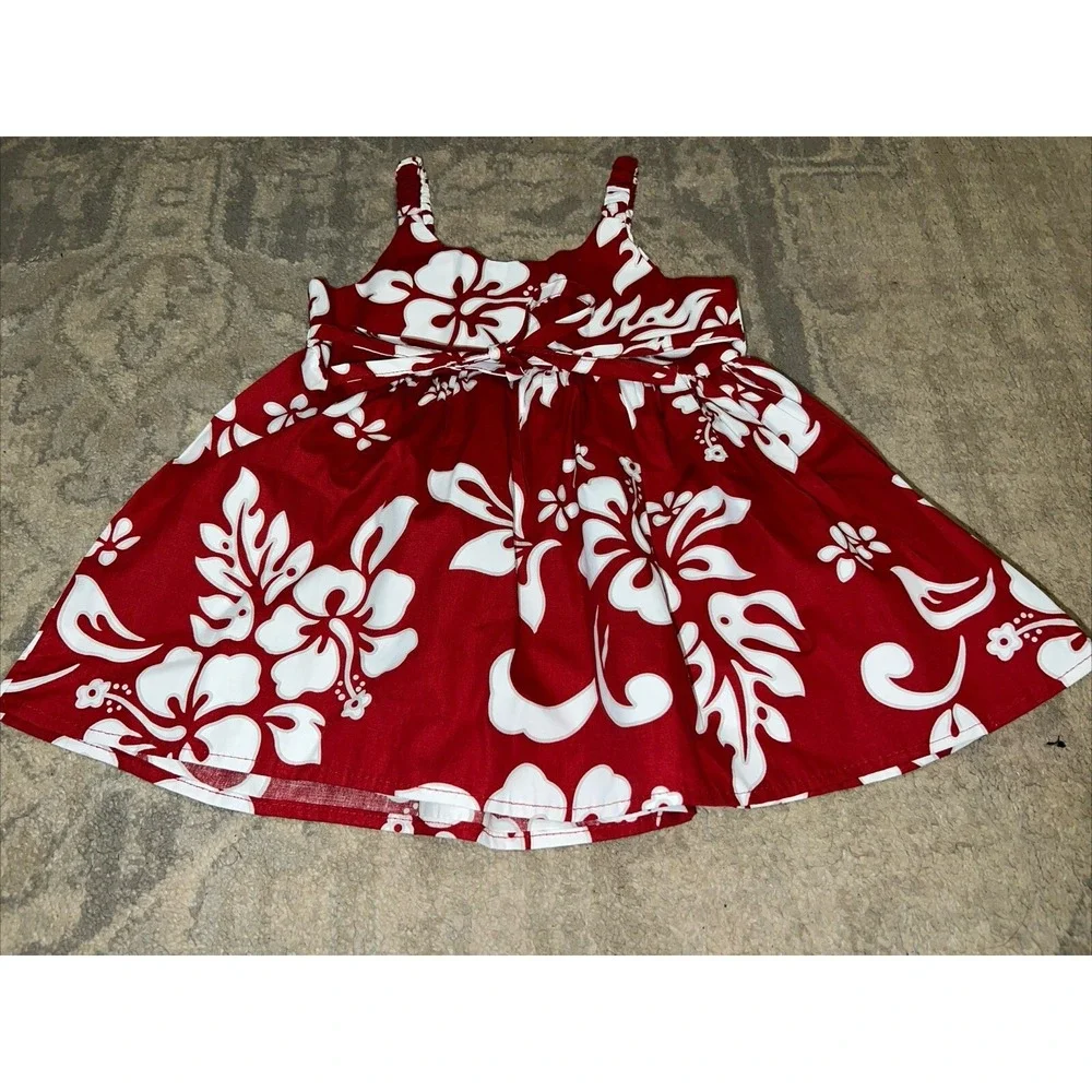 Ky's Girls Hawaiian Dress Red Floral Made in Hawaii‎ Sz 2T 1 - 2 Yrs Old